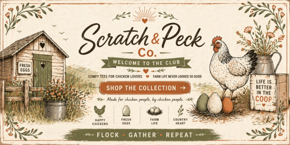 Vintage-style promotional banner for Scratch & Peck Co. with a chicken, eggs, and farm elements.